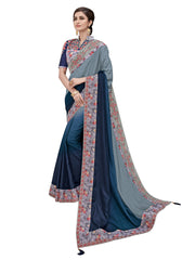 Grey & Violet Shaded Silk Full Designer Saree Sari