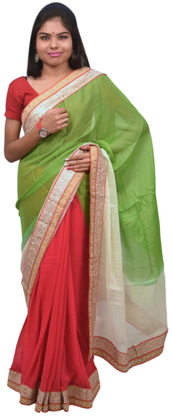 Green White & Pink Designer Georgette (Viscos) Thread Pearl Stone Zari Sari Saree