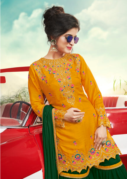 Green & Yellow Designer Ethnic Partywear Satin Sharara Suit With Georgette Dupatta Stone & Patch Border Work