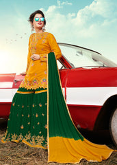 Green & Yellow Designer Ethnic Partywear Satin Sharara Suit With Georgette Dupatta Stone & Patch Border Work