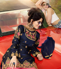 Deep Blue & Light Pink Designer Ethnic Partywear Satin Sharara Suit With Georgette Dupatta Stone & Patch Border Work