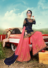 Deep Blue & Light Pink Designer Ethnic Partywear Satin Sharara Suit With Georgette Dupatta Stone & Patch Border Work
