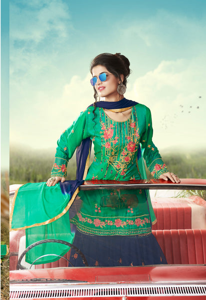 Green & Deep Blue Designer Ethnic Partywear Satin Sharara Suit With Georgette Dupatta Stone & Patch Border Work