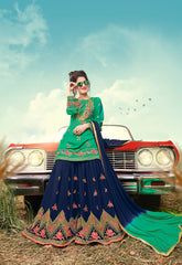 Green & Deep Blue Designer Ethnic Partywear Satin Sharara Suit With Georgette Dupatta Stone & Patch Border Work