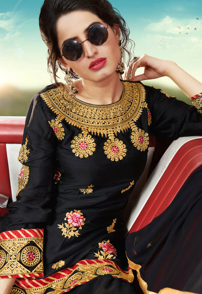 Black Designer Ethnic Partywear Satin Sharara Suit With Georgette Dupatta Stone & Patch Border Work