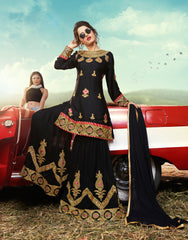 Black Designer Ethnic Partywear Satin Sharara Suit With Georgette Dupatta Stone & Patch Border Work