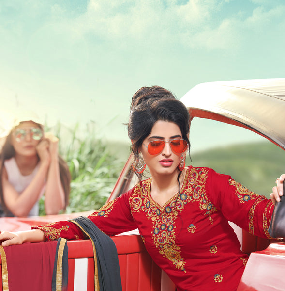 Red & Grey Designer Ethnic Partywear Satin Sharara Suit With Georgette Dupatta Stone & Patch Border Work