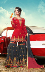 Red & Grey Designer Ethnic Partywear Satin Sharara Suit With Georgette Dupatta Stone & Patch Border Work