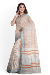 Cream Orange Designer Wedding Partywear Pure Linen Zari Thread Hand Embroidery Work Bridal Saree Sari With Blouse Piece H001