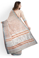 Cream Orange Designer Wedding Partywear Pure Linen Zari Thread Hand Embroidery Work Bridal Saree Sari With Blouse Piece H001