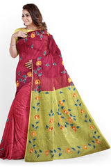 Wine Green Designer Wedding Partywear Pure Linen Thread Aplic Hand Embroidery Work Bridal Saree Sari With Blouse Piece H004
