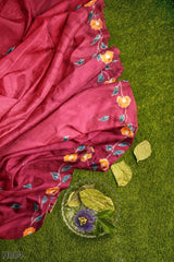 Wine Green Designer Wedding Partywear Pure Linen Thread Aplic Hand Embroidery Work Bridal Saree Sari With Blouse Piece H004
