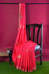 Pink Designer Wedding Partywear Crepe (Chinon) Zari Stone Cutdana Thread Hand Embroidery Work Bridal Saree Sari With Blouse Piece H011