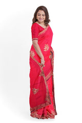 Pink Designer Wedding Partywear Crepe (Chinon) Zari Stone Cutdana Thread Hand Embroidery Work Bridal Saree Sari With Blouse Piece H011