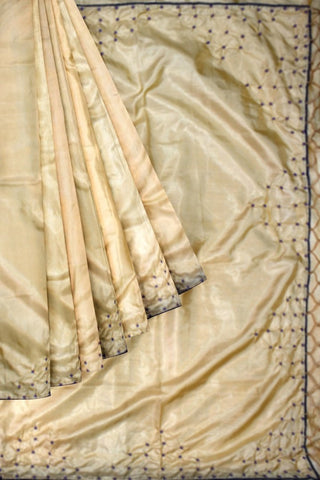 Cream Designer Wedding Partywear Silk Thread Beads Hand Embroidery Work Bridal Saree Sari With Blouse Piece H013
