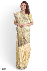 Cream Designer Wedding Partywear Silk Thread Beads Hand Embroidery Work Bridal Saree Sari With Blouse Piece H013