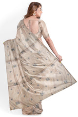 Cream Designer Wedding Partywear Silk Thread Beads Hand Embroidery Work Bridal Saree Sari With Blouse Piece H014
