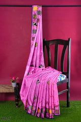 Pink Designer Wedding Partywear Silk Thread Aplic Hand Embroidery Work Bridal Saree Sari With Blouse Piece H015