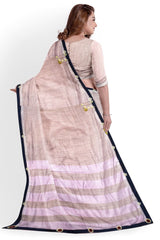 Peach Designer Wedding Partywear Pure Linen Thread Hand Embroidery Work Bridal Saree Sari With Blouse Piece H018