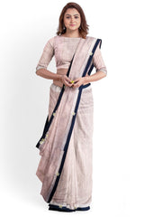 Peach Designer Wedding Partywear Pure Linen Thread Hand Embroidery Work Bridal Saree Sari With Blouse Piece H018