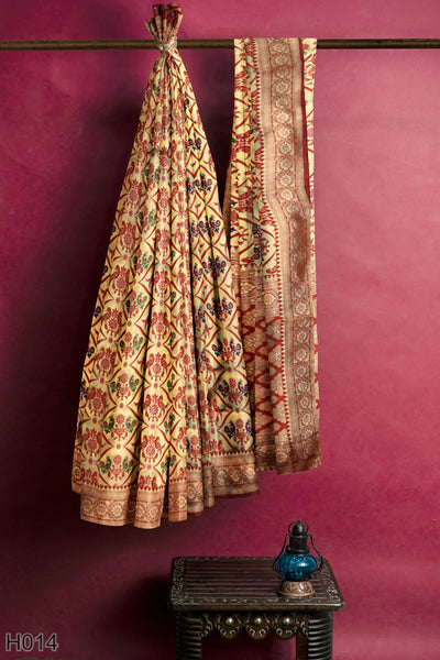 Cream Red Designer Wedding Partywear Silk Zari Hand Embroidery Work Bridal Saree Sari With Blouse Piece H021