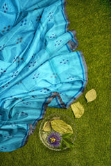 Blue Grey Designer Wedding Partywear Silk Thread Hand Embroidery Work Bridal Saree Sari With Blouse Piece H023