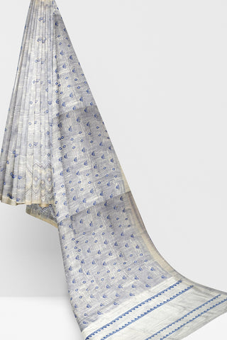 Cream Blue Designer Wedding Partywear Cotton Thread Hand Embroidery Work Bridal Saree Sari With Blouse Piece H024