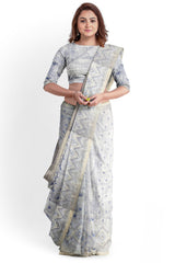 Cream Blue Designer Wedding Partywear Cotton Thread Hand Embroidery Work Bridal Saree Sari With Blouse Piece H024