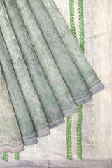 Cream Green Designer Wedding Partywear Cotton Thread Hand Embroidery Work Bridal Saree Sari With Blouse Piece H025