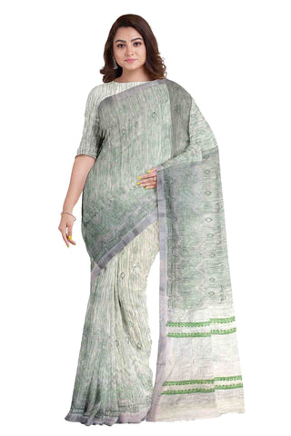 Cream Green Designer Wedding Partywear Cotton Thread Hand Embroidery Work Bridal Saree Sari With Blouse Piece H025