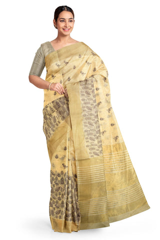 Beige Designer Wedding Partywear Silk Thread Hand Embroidery Work Bridal Saree Sari With Blouse Piece H026