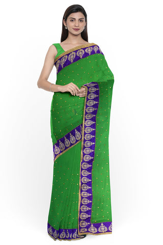 Green Designer Wedding Partywear Georgette Stone Thread Cutdana Hand Embroidery Work Bridal Saree Sari With Blouse Piece H027