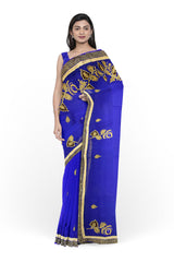 Blue Designer Wedding Partywear Georgette Stone Thread Cutdana Hand Embroidery Work Bridal Saree Sari With Blouse Piece H028