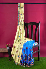 Cream Blue Designer Wedding Partywear Silk Thread Hand Embroidery Work Bridal Saree Sari With Blouse Piece H029