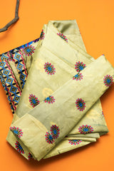 Cream Blue Designer Wedding Partywear Silk Thread Hand Embroidery Work Bridal Saree Sari With Blouse Piece H029