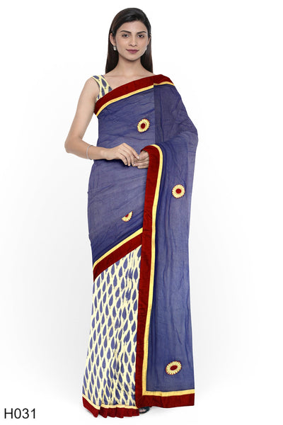 Blue White Designer Wedding Partywear Georgette Stone Thread Beads Hand Embroidery Work Bridal Saree Sari With Blouse Piece H031