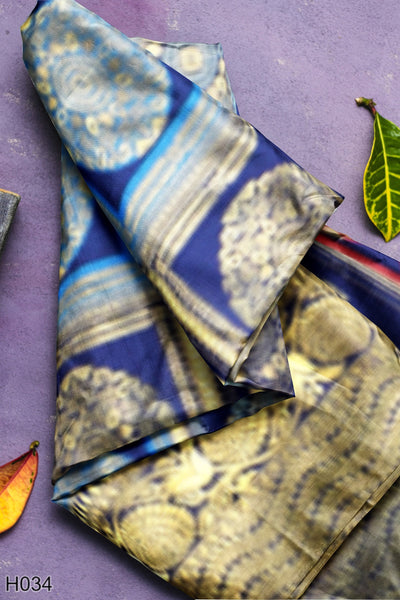 Blue Golden Designer Wedding Partywear Silk Thread Zari Hand Embroidery Work Bridal Saree Sari With Blouse Piece H034