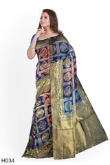 Blue Golden Designer Wedding Partywear Silk Thread Zari Hand Embroidery Work Bridal Saree Sari With Blouse Piece H034