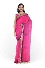 Pink Designer Wedding Partywear Georgette Stone Zari Hand Embroidery Work Bridal Saree Sari With Blouse Piece H038