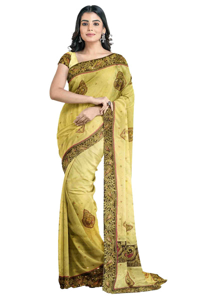 Golden Designer Wedding Partywear Georgette Stone Thread Zari Hand Embroidery Work Bridal Saree Sari With Blouse Piece H041