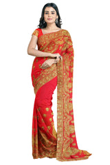 Red Designer Wedding Partywear Georgette Zari Beads Hand Embroidery Work Bridal Saree Sari With Blouse Piece H046