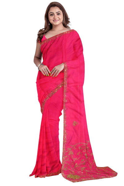 Pink Designer Wedding Partywear Georgette Stone Hand Embroidery Work Bridal Saree Sari With Blouse Piece H051