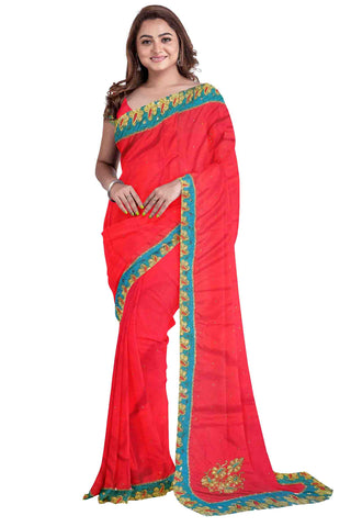 Red Designer Wedding Partywear Georgette Thread Stone Hand Embroidery Work Bridal Saree Sari With Blouse Piece H052