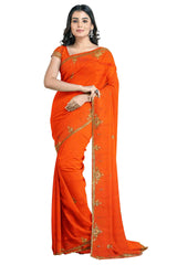 Orange Designer Wedding Partywear Georgette Thread Stone Zari Hand Embroidery Work Bridal Saree Sari With Blouse Piece H053