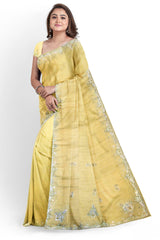 Yellow Designer Wedding Partywear Georgette Stone Zari Hand Embroidery Work Bridal Saree Sari With Blouse Piece H055