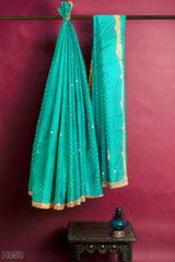 Turquoise Designer Wedding Partywear Georgette Stone Zari Thread Cutdana Hand Embroidery Work Bridal Saree Sari With Blouse Piece H058