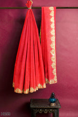 Red Designer Wedding Partywear Georgette Stone Zari Thread Hand Embroidery Work Bridal Saree Sari With Blouse Piece H059