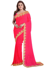 Pink Designer Wedding Partywear Georgette Stone Zari Thread Hand Embroidery Work Bridal Saree Sari With Blouse Piece H060