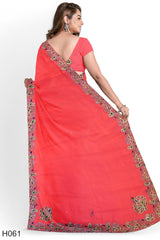 Peach Designer Wedding Partywear Georgette Stone Zari Thread Hand Embroidery Work Bridal Saree Sari With Blouse Piece H061
