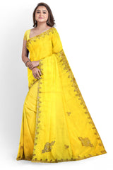 Yellow Designer Wedding Partywear Georgette Stone Zari Hand Embroidery Work Bridal Saree Sari With Blouse Piece H062